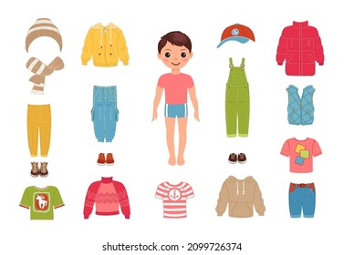 Boy clothes. Kids fashion outfit constructor. Male fashionista. Paper doll with jackets and vests. Jumpsuits and sweaters. Seasonal wardrobe. Footwear and clothing