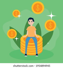 Boy with coins and leaves