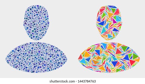 Boy collage icon of triangle items which have different sizes and shapes and colors. Geometric abstract vector design concept of boy.