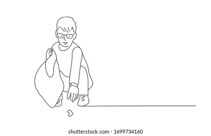 Boy collect garbage. Volunteers. Line drawing vector illustration.