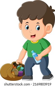 The boy is collecting the bottle and entering to the sack of illustration