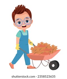 boy collecting fallen autumn leaves