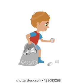 Niño Recolectando Basura Una Ilustración De Diseño Simple En Un Estilo De Dibujo Divertido Aislado En Fondo Blanco