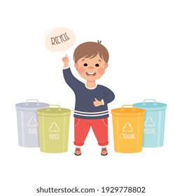Boy Collecting Rubbish for Recycling, Kid Segregating Trash, Save the World, Ecology Concept Cartoon Vector Illustration