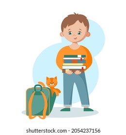 The boy collects books in a school backpack. The kitten accompanies the child to school. Vector on an isolated background. Flat cartoon style. Drawing for a postcard, cover, poster.