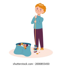 Boy collects the garbage in the garbage bag. Nature cleaning concept. Vector illustration in flat cartoon style. Isolated on a white background.