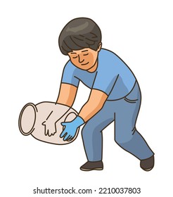 Boy collects garbage in jar. Caring for nature and environment. Poster or banner for website. Sticker for social networks. Useful hobby and leisure. Eco friendly. Cartoon flat vector illustration