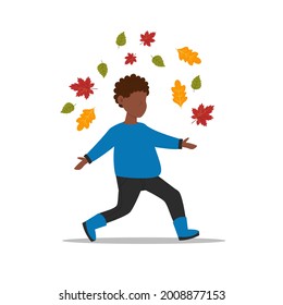 Boy collects leaves. The child runs through the autumn park. Isolated on a white background. Autumn concept.