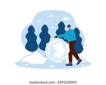 Boy collects snow into ball shape to spend holiday time in winter, vector illustration.
