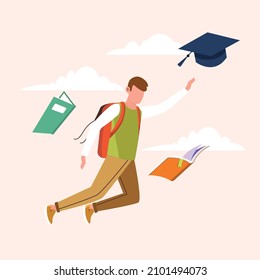 Boy college student is flying graduates on graduate cap. Graduate of educational institution celebrating victory. Off to college. Vector colorful illustration. 