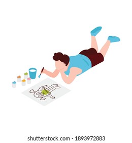 Boy coloring monster with paints at art lesson 3d isometric vector illustration