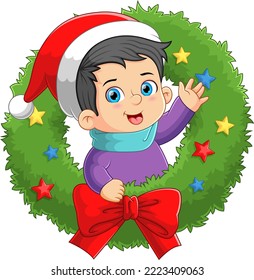 The boy is come out from the christmas wreath and waving the hand of illustration