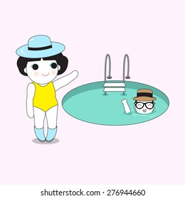 Boy Comes By To Say Hello Girl From The  Pool character illustration