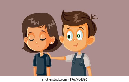 Boy Comforting Girl Vector Cartoon Illustration. Empathic supportive big brother encouraging sad unhappy sister 
