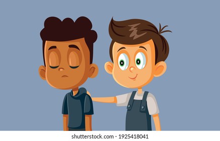 Boy Comforting his Sad Best Friend. Young kid showing empathy consoling and encouraging his colleague
