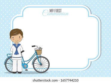 Boy communion card. Boy with bicycle. Frame with space for text