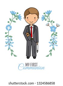 Boy communion card. Child in flower frame