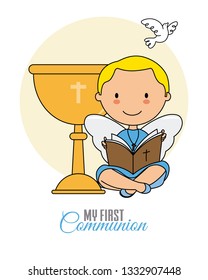 Boy communion card. Boy reading the bible next to a chalice