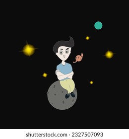 The boy in the company of stars and planets is sad. The guy is alone in space. Astronaut in orbit in vector image.
