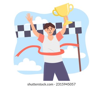 Junge beendete Rennen mit Cup-Konzept. Teenager mit Trophäe am Ziel. Gewinner bei Wettbewerben und Turnieren. Marathon und Sprint. Aktiver Lebensstil und Sport. Cartoon-Flavektor-Vektorgrafik