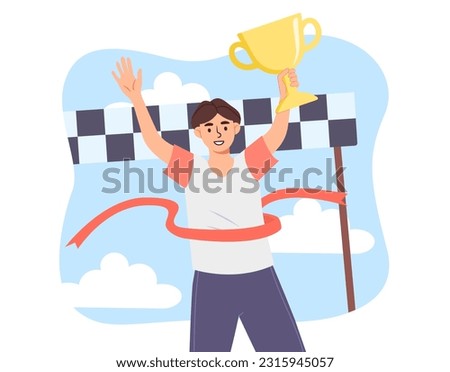 Boy completed race with cup concept. Teenager with trophy at finish line. Winner in competitions and tournament. Marathon and sprint. Active lifestyle and sports. Cartoon flat vector illustration