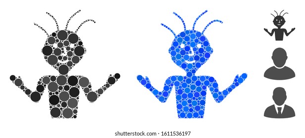 Boy composition of round dots in different sizes and color tinges, based on boy icon. Vector round dots are grouped into blue composition. Dotted boy icon in usual and blue versions.