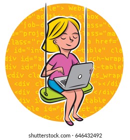 A Boy In Computer Camp Writes Code On His Laptop While Sitting On A Swing.