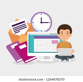 boy with computer document technology and books