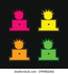 Niño y computadora cuatro colores brillante icono vector neón