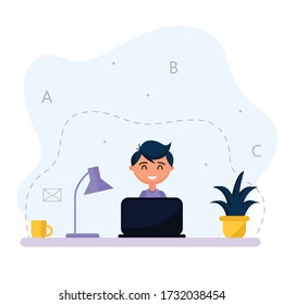 Boy computer. Funny cartoon vector character.