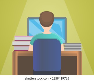 Boy computer homework concept background. Cartoon illustration of boy computer homework vector concept background for web design