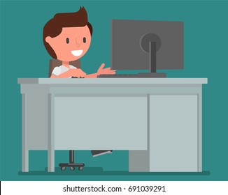 The boy is at the computer. Vector illustration, a flat style design.