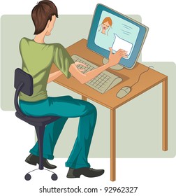 Boy at computer. Vector image of a boy who speaks with a girl on computer.