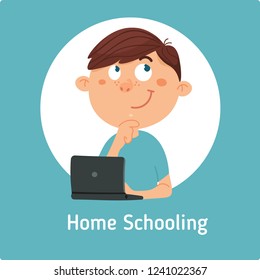 The boy with the computer, working and learning at home. Online communication and education. Vector illustration in flat style