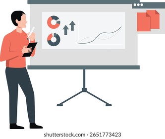 O menino se concentra intensamente, com giz na mão, desenhando gráficos meticulosamente no tabuleiro. Sua expressão focada reflete determinação e precisão na ilustração de pontos de dados, linhas e eixos.