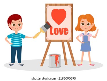 The boy confesses his love to the girl.A young artist draws a heart for a girl.Vector illustration.