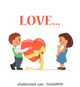 a boy confesses his love. the boy gives a gift to the girl. girl shy. flat design. is love