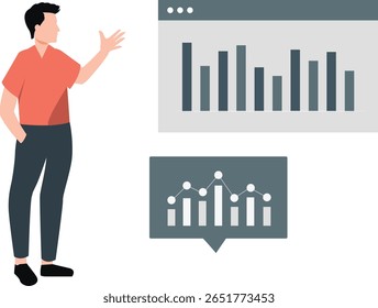 O menino apresenta com confiança gráficos analíticos, explicando tendências e pontos de dados com precisão.