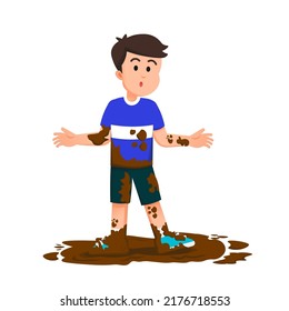 A boy with a confused expression from getting hit by the mud