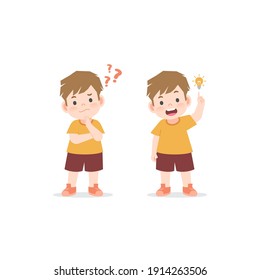 The boy was confused, wondered, had a problem, and tried to answer and The boy figured out the answer to the problem. illustration cartoon character vector design on white background.