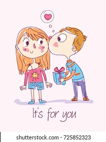 The boy congratulates the girl on her birthday. The man gives the women a gift and kisses the cheek. Abstract illustrations couple on a date. Romantic card. Picture with the inscription "It's for you"