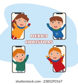 boy congratulates his friends on Christmas. Video call. Talk on the phone. Vector illustration . Christmas holidays