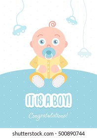 It is a boy. Congratulations. Vector flat illustration of greeting card with baby boy. Soft pastel colors.  Kid dressed in overalls sits on the floor. 