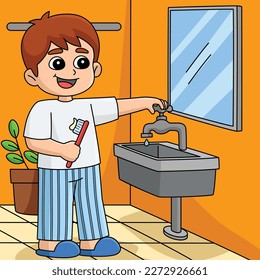 Boy Conserving Water Colored Cartoon Illustration