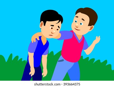 Boy consoling friend vector illustration.