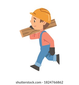 Boy Construction Worker Carrying Plank, Little Builder Character Wearing Blue Overalls and Hard Hat Cartoon Style Vector Illustration