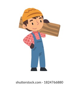 Boy Construction Worker Carrying Wooden Plank, Cute Little Builder Character Wearing Blue Overalls and Hard Hat with Construction Tool Cartoon Style Vector Illustration