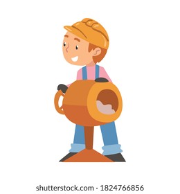 Trabajador de la construcción de niños y mezclador de hormigón, pequeño personaje de pequeño constructor con overoles azules y sombrero duro con vectores de estilo de dibujos animados de equipo profesional Ilustración