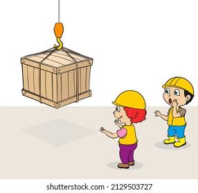 Boy Construction Worker Crate Crate Crane Cartoon Story Vector Set