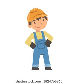 Trabajador de construcción de niños, personaje de pequeño constructor con overoles azules y vectores de estilo de caricatura de sombrero duro Ilustración